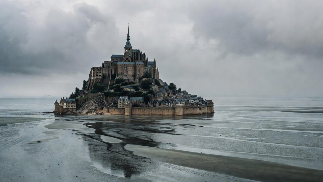 Gothic Abbey atop Mont Saint Michel island surrounded by tidal flats in Normandy