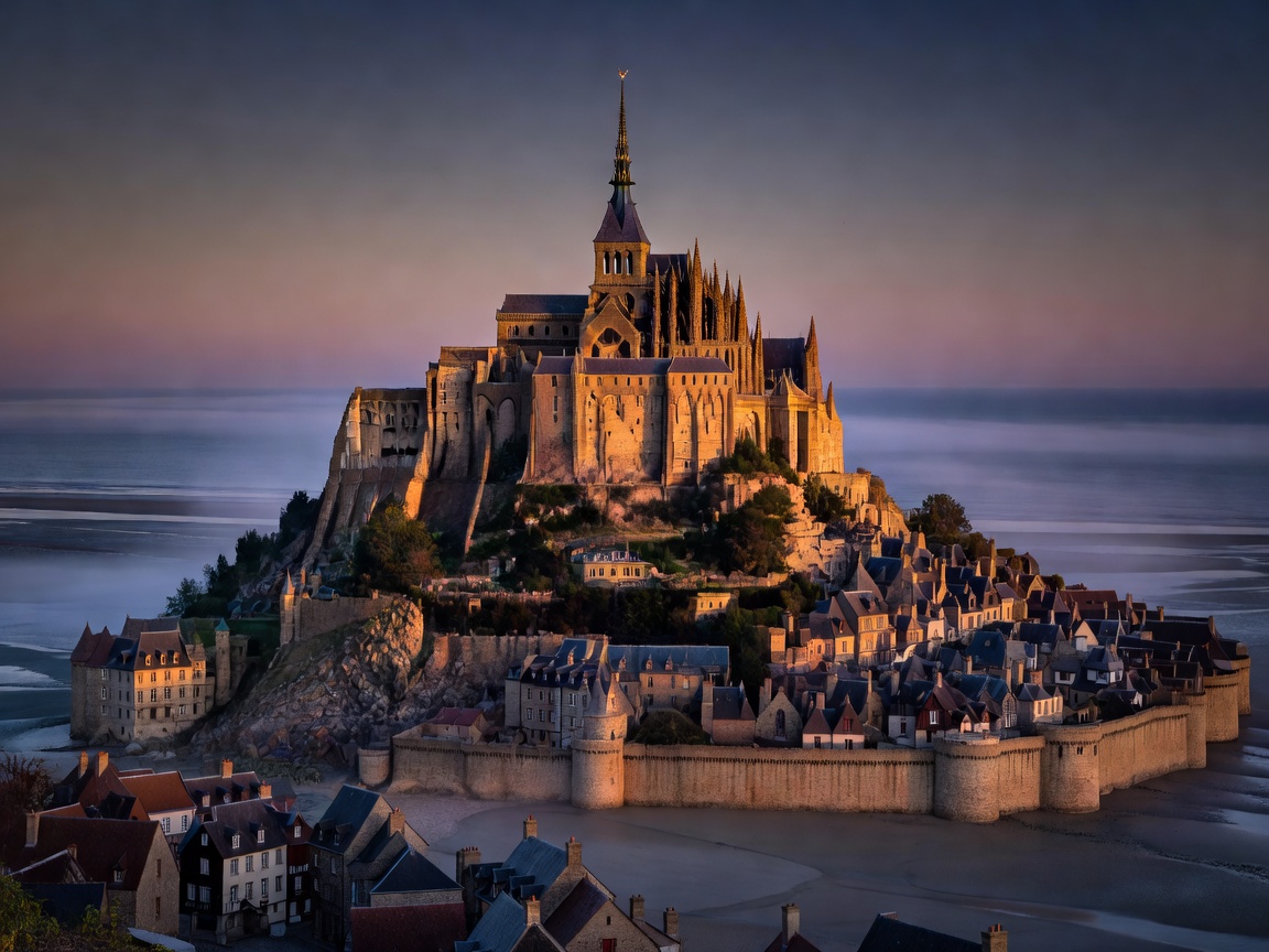 Historic medieval abbey of Mont Saint-Michel at sunset