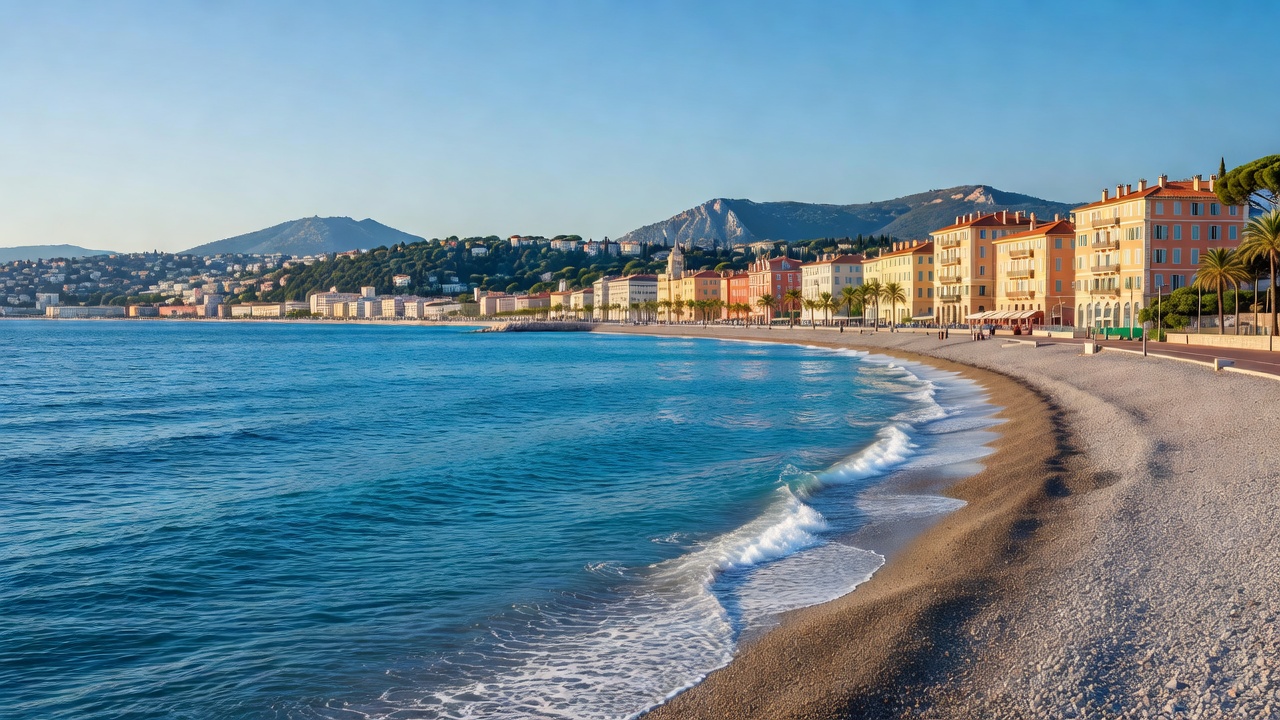 Scenic shoreline view of Nice and the Mediterranean Sea on the French Riviera