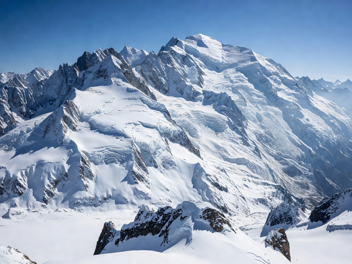 Snowy peaks of Mont Blanc alpine mountains in Chamonix