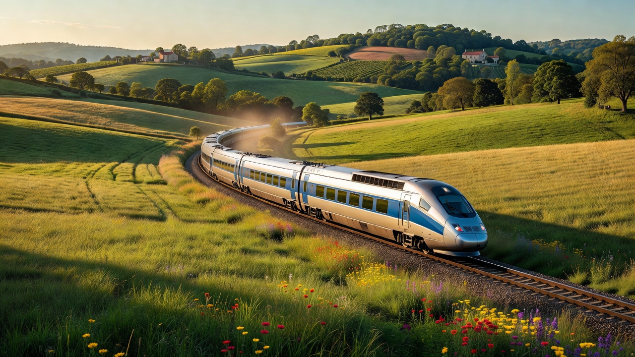Train passing through green countryside in France